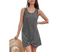 CUPSHE Women's Swimsuit Coverup Sleeveless Waffle Knit Swimwear Beach Cover Ups Twisted Mini Dress Black White Stripe S