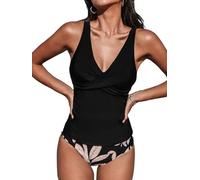 CUPSHE Women's Tankini Set Mid Rise with Twist Shirred Front Ruched Tummy Control Bikini Set Two Piece Swimsuit Sea Black/Floral L