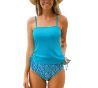 CUPSHE Women's Tankini Set Two Piece Swimsuit Ruched Drawstring Tummy Control Swimming Costume with High Waisted Bottom Rib Sky Blue Floral S