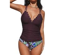 CUPSHE Women's Tankini Sets Scalloped V Neck Two Piece Swimsuit Crisscross Dual Strappy Adjustable Mid Rise Bottom Swimwear Plum Purple/Floral L