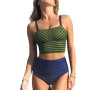 CUPSHE Women's Tankini Sets Square Neck Elastic High Waisted Two Piece Swimsuit Adjustable Straps Swimwear Olive Green/Navy Striped S