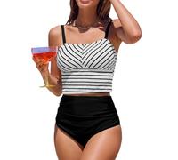 CUPSHE Women's Tankini Sets Square Neck Elastic High Waisted Two Piece Swimsuit Adjustable Straps Swimwear Black/Striped S