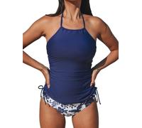 CUPSHE Women's Tankini Sets Two Piece Swimsuit High Neck Halter Mid Rise Adjustable Drawstrings Swimwear Swimming Costume White/Navy Blue Floral XS
