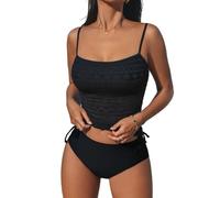 CUPSHE Women's Tankini Sets Two Piece Swimsuit Square Neck Mesh Bathing Suit Adjustable Spaghetti Straps Drawstring Swimming Costume Black XS