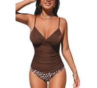 CUPSHE Women's Tankini Sets Two Piece Swimsuit V Neck Ruched Bathing Suit Mid Rise Textured Swimwear Swimming Costume Brown/White Dot S