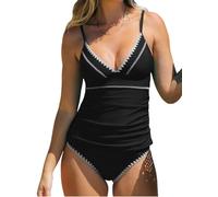 CUPSHE Women's Tankini Sets Two Piece Swimsuit V Neck Ruched Shell Stitched Bathing Suit Spaghetti Adjustable Straps Black S