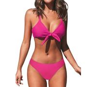 CUPSHE Women's Tie Knotted Bikini Set Floral Bottom Two Piece Swimsuit Swimming Costume Bright Pink XL
