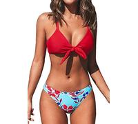 CUPSHE Women's Tie Knotted Bikini Set Floral Bottom Two Piece Swimsuit Swimming Costume Red/Blue M