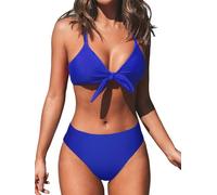 CUPSHE Women's Tie Knotted Bikini Set Floral Bottom Two Piece Swimsuit Swimming Costume Royal Blue M