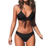 CUPSHE Women's Tie Knotted Bikini Set Floral Bottom Two Piece Swimsuit Swimming Costume Solid Black XL