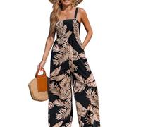 CUPSHE Women's Tropical Jumpsuit Square Neck Sleeveless Smocked Top Wide Leg Summer Elegant Overall Black M