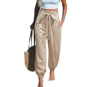 CUPSHE Women's Trousers Paperbag High Waist Belted Joggers Casual Loose Fit Elastic Cuff Harem Pants with Pockets Holiday Beach Textured Trousers Beige M