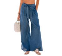 CUPSHE Women's Trousers Wide Leg High Waist Palazzo Pants Tie Belt Pleated with Pockets Loose Fit Casual Work Summer Beach Holiday Malibu Blue M