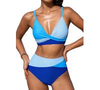 CUPSHE Women's Twist Front High Waisted Bikini Set V Neck Padded Two Pieces Bathing Suits Swimsuits Sky Blue/Azure Blue XS