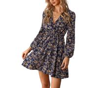 CUPSHE Women's V Wrap Dress Neck Ditsy Floral Mini Dress Long Sleeve A Line Dress Surplice Short Dress Multicoloured S
