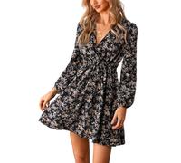 CUPSHE Women's V Wrap Dress Neck Ditsy Floral Mini Dress Long Sleeve A Line Dress Surplice Short Dress Black XL