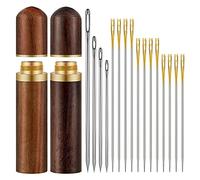 Cupsofu 2Pcs Wooden Needle Case with 24 Threading Needles and 4 -Eye Leather Stitching Needles for Handmade Sewing