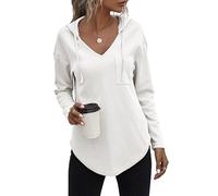 Cuptacc Hoodie For Women Uk Casual Basic Hood Tunic Elegant Waffle V-Neck With Pocket Long Sleeve Women With Pocket plus size White XXXL