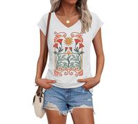 Cuptacc Ladies Summer Tops V Neck T Shirts for Women UK Casual Ladies Summer Tops Basic Short Sleeve Shirt Blouse Fashion Clothes Outfits WhiteSun L 16-18