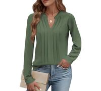 Cuptacc Ladies Tops Dressy Casual Blouses Tops Women Long Sleeve V Neck Pleated Shirts Fall Outfits Army Green, Medium M 12-14