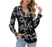Cuptacc Ladies Tops Long Sleeve Button Down Shirts Elegant Ladies Basic Blouse Tops for Work Business Black White Bamboo Flower, X-Large XL 20-22