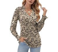 Cuptacc Ladies Tops Long Sleeve Button Down Shirts Elegant Ladies Basic Blouse Tops for Work Business Apricot Black Flower, X-Large XL 20-22