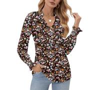 Cuptacc Ladies Tops Long Sleeve Button Down Shirts Elegant Ladies Basic Blouse Tops for Work Business Black Pink Flower, X-Large XL 20-22