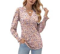 Cuptacc Ladies Tops Long Sleeve Button Down Shirts Elegant Ladies Basic Blouse Tops for Work Business Pink Blue Flower, X-Large XL 20-22