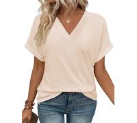 Cuptacc Ladies Tops Oversized T Shirts for Women Summer V Neck Short Sleeve Casual Tunic Blouses Apricot, Large L 16-18
