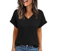 Cuptacc Ladies Tops Stretch Ladies V Neck T Shirt Leisure Basic Plain Casual Summer T-Shirts Black L 16-18