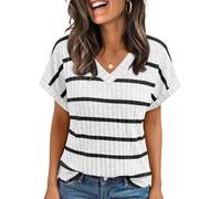 Cuptacc Ladies Tops Summer V Neck T Shirts Elegant Casual BlackStripe XXL
