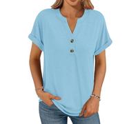 Cuptacc Ladies Tops UK Daily Loose Fit V Neck Button Soft Breathable Cotton Womens Tops Basic Shirts SkyBlue Simple Home Outfits Blouses SkyBlue M Medium 10