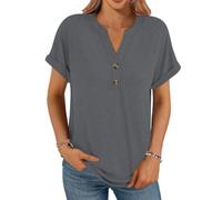 Cuptacc Ladies Tops UK Henley V Neck Button Loose Fit T Shirts Simple Basic Womens Tops Comfortable Tunic Elegant and Fashionable Blouses Dark Gray XL 14