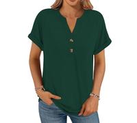 Cuptacc Ladies Tops UK V Neck Button Loose Fit Casual T Shirts Solid Color Womens Tops Simple Basic Tunic Elegant and Fashionable Blouses Green M Medium 10