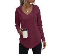 Cuptacc Long Sleeve T Shirts Women Uk Waffle V Neck With Pocket Knitted Hoodie Lounge Loose Fit Women Sweatshirt With Drawstring Grape purple XXL