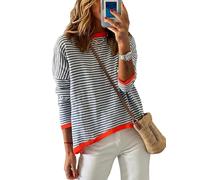 Cuptacc Long Sleeve Tops Women Cotton Women's Jumpers Striped Sweatshirts Rainbow Long Sleeve Top DarkBlue XXL 20-22
