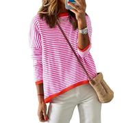 Cuptacc Long Sleeve Tops Women Crew Neck Ladies Jumpers Striped Sweatshirt Womens Fashion Tops Pink XL 18-20