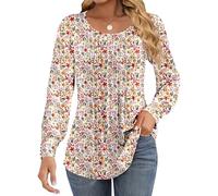 Cuptacc Long Sleeve Tops Women Smocked Crew Neck Blouse Oversized Tunic Puff Sleeve with Button Ladies Tops for Women UK WhiteRedLeaf Florals XXL UK 18