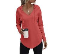 Cuptacc Long Sleeve Tops Women Uk Thermal Solid Color Hoodie For Women Waffle V Neck With Drawstring Sweatshirt With Pocket Purple Red XL