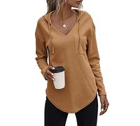 Cuptacc Long Sleeve Tops Women Uk Waffle V Neck With Pocket Knit Hoodie Oversize Breathable Women Jogging With Drawstring Camel S