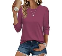 Cuptacc Long Sleeve Women's Crew Neck 3/4 Sleeves, Plain, Basic, Elegant T-Shirt, Soft Comfort Loose Pullover for Home, Leisure, On the Go, Hibiscus Purple, M