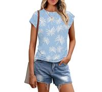 Cuptacc T-Shirt Short Sleeve Women Tops Round Neck Summer Top Basic Elegant and Chic Women's T-Shirts Blue Palm L 16-18