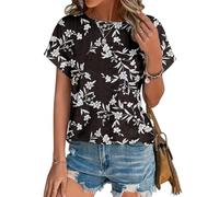 Cuptacc T-Shirt Women's Summer Elegant Blouse Crew Neck Tops Short Sleeve Shirt, Black Leaves, M