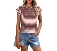 Cuptacc T-Shirt Women's Tops Summer Crew Neck Tops Women's Elegant Basic Blouse Short Sleeve Tank Top Business Outfit, Red Stripe, M