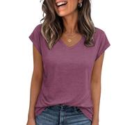 Cuptacc T-Shirt Women's Tops Summer V-Neck Tops Women's Elegant Basic Blouse Short Sleeve Tank Top Business Outfit, Hibiscus Purple, S