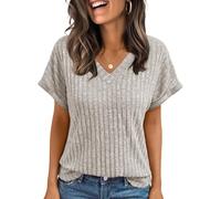 Cuptacc Tops for Women UK Basic V Neck Short Sleeve Tops Simple Casual Lightweight Plain Summer Shirts Gray XL 18-20
