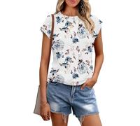 Cuptacc Women Tops Short Sleeve Round Neck Summer T-Shirt Basic Summer Top Elegant and Chic T Shirts for Women White Floral L 16-18