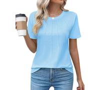 Cuptacc Women's Crew Neck T-Shirt with Pleats Elegant T-Shirt Loose Short Sleeve Tunic Women's Summer Floral / Plain Top, sky blue, L