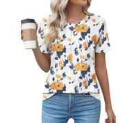 Cuptacc Women's Crew Neck T-Shirt with Pleats Elegant T-Shirt Loose Short Sleeve Tunic Women's Summer Floral / Plain Top, White Blue Yellow Flowers, L