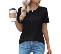 Cuptacc Women's Crew Neck T-Shirt with Pleats Elegant T-Shirt Loose Short Sleeve Tunic Women's Summer Floral / Plain Top, black, XS